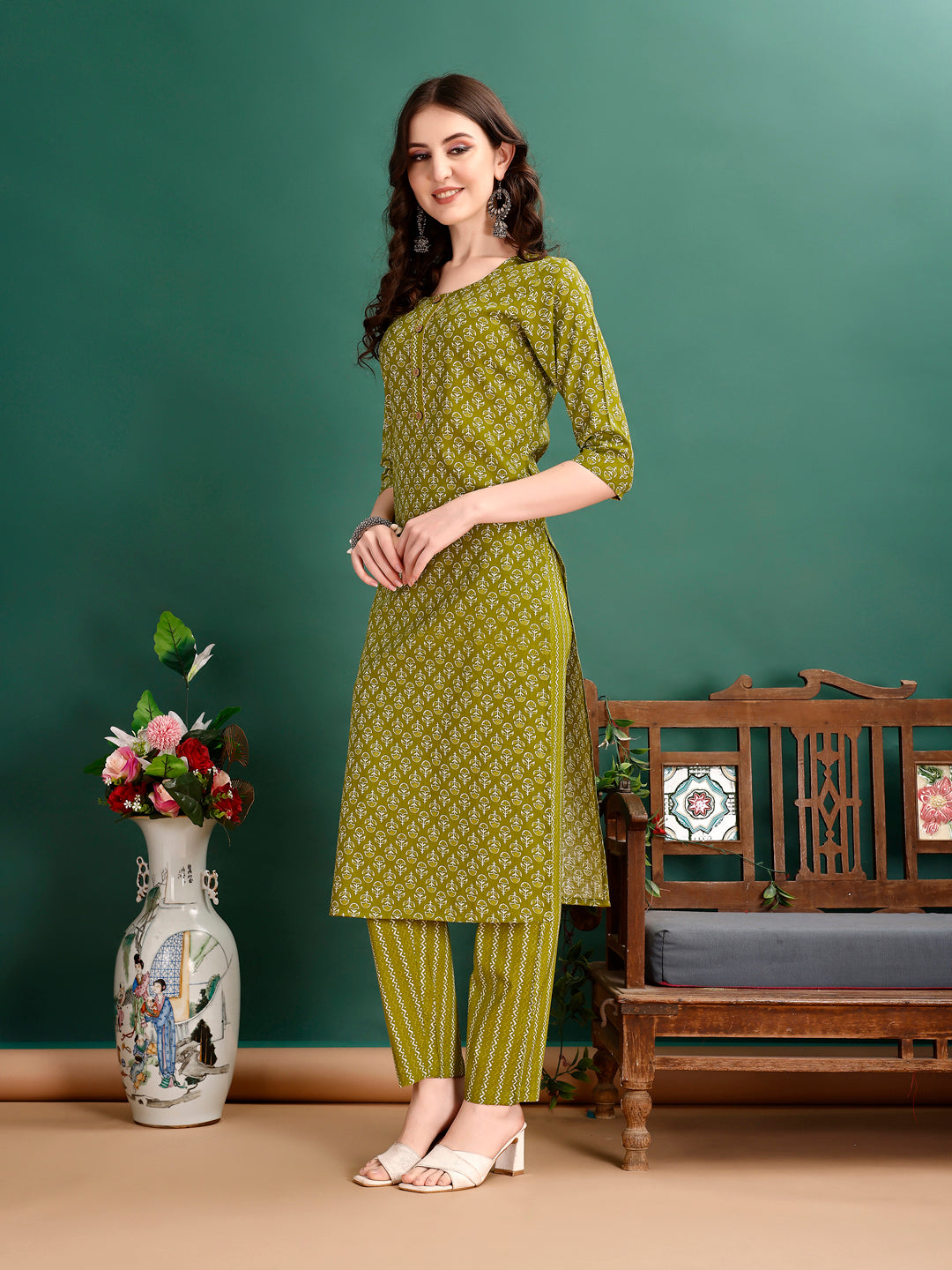 Ethnic Motifs Printed Kurta With Pant & Dupatta, Green - Hiral Fashion