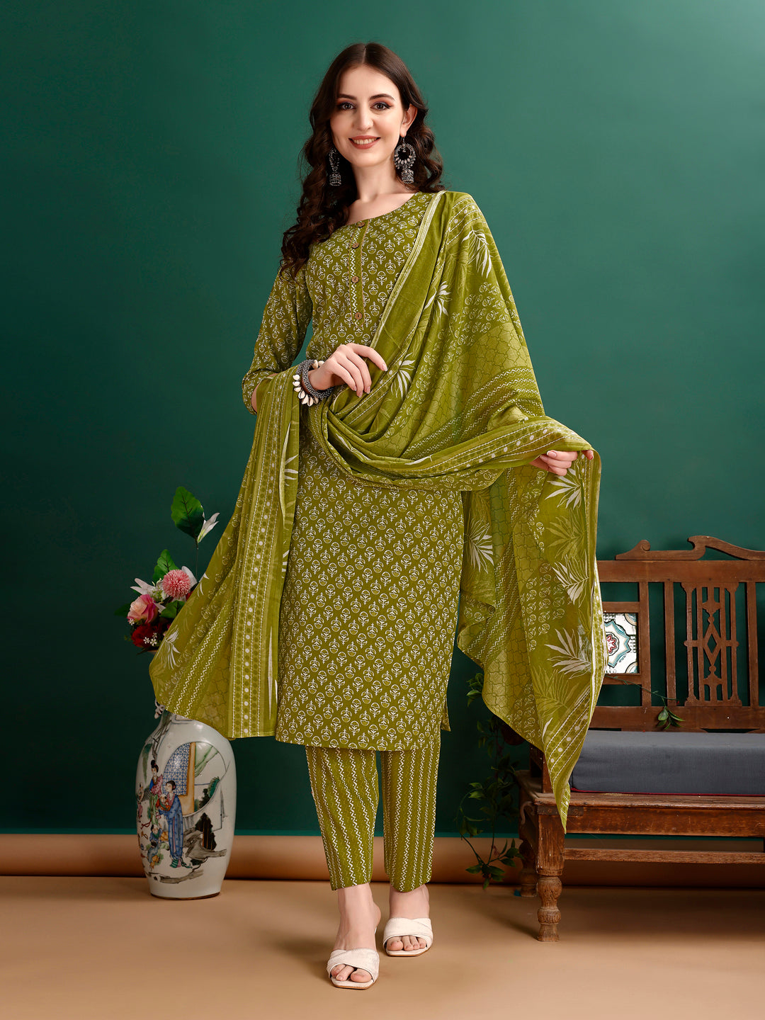 Ethnic Motifs Printed Kurta With Pant & Dupatta, Green - Hiral Fashion