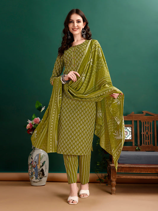 Ethnic Motifs Printed Kurta With Pant & Dupatta, Green - Hiral Fashion
