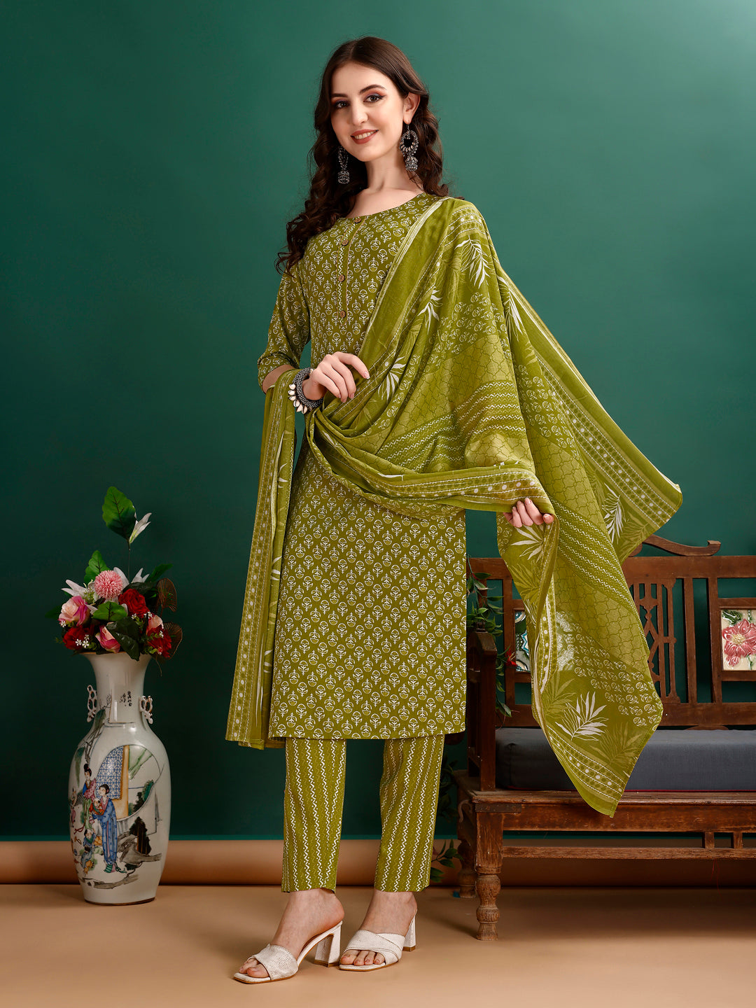 Ethnic Motifs Printed Kurta With Pant & Dupatta, Green - Hiral Fashion