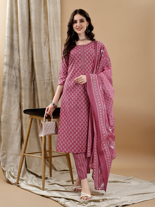 Ethnic Motifs Printed Kurta With Pant & Dupatta, Pink - Hiral Fashion