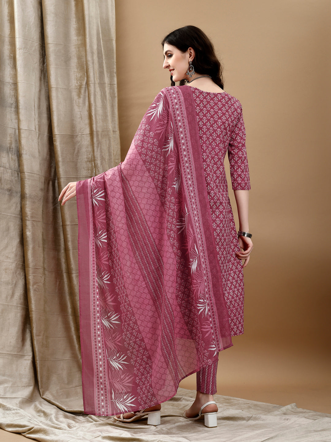 Ethnic Motifs Printed Kurta With Pant & Dupatta, Pink - Hiral Fashion
