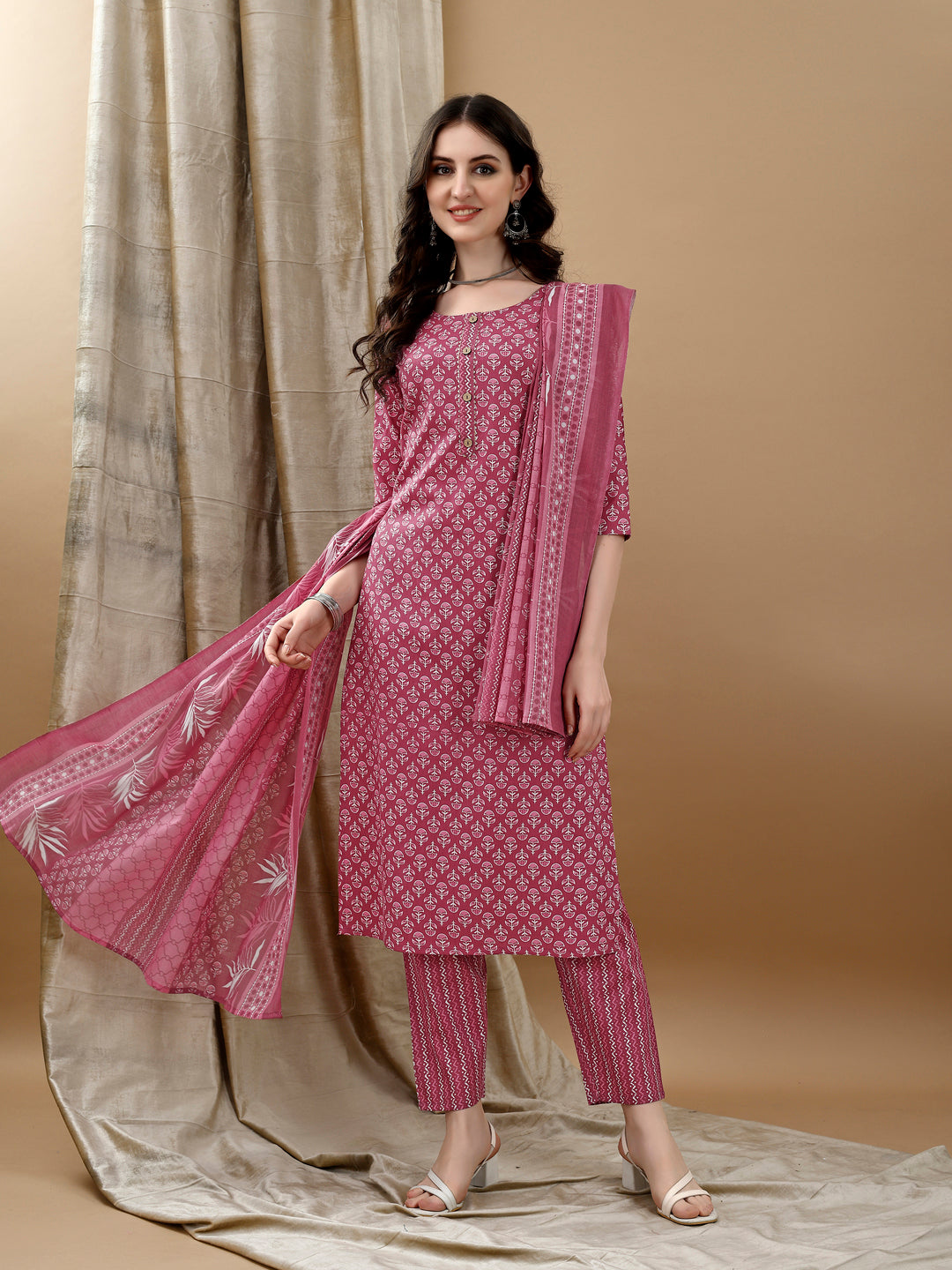 Ethnic Motifs Printed Kurta With Pant & Dupatta, Pink - Hiral Fashion