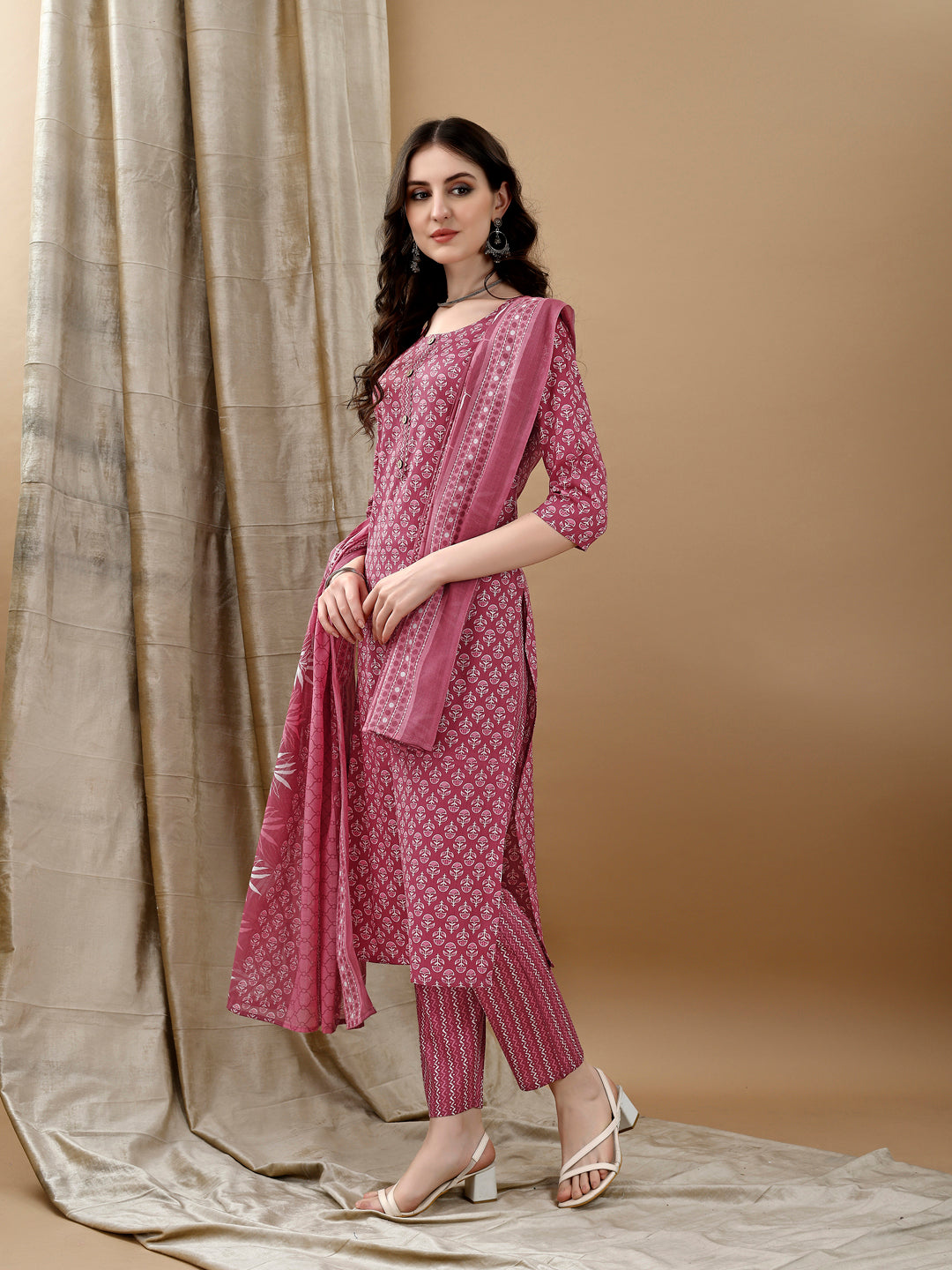 Ethnic Motifs Printed Kurta With Pant & Dupatta, Pink - Hiral Fashion