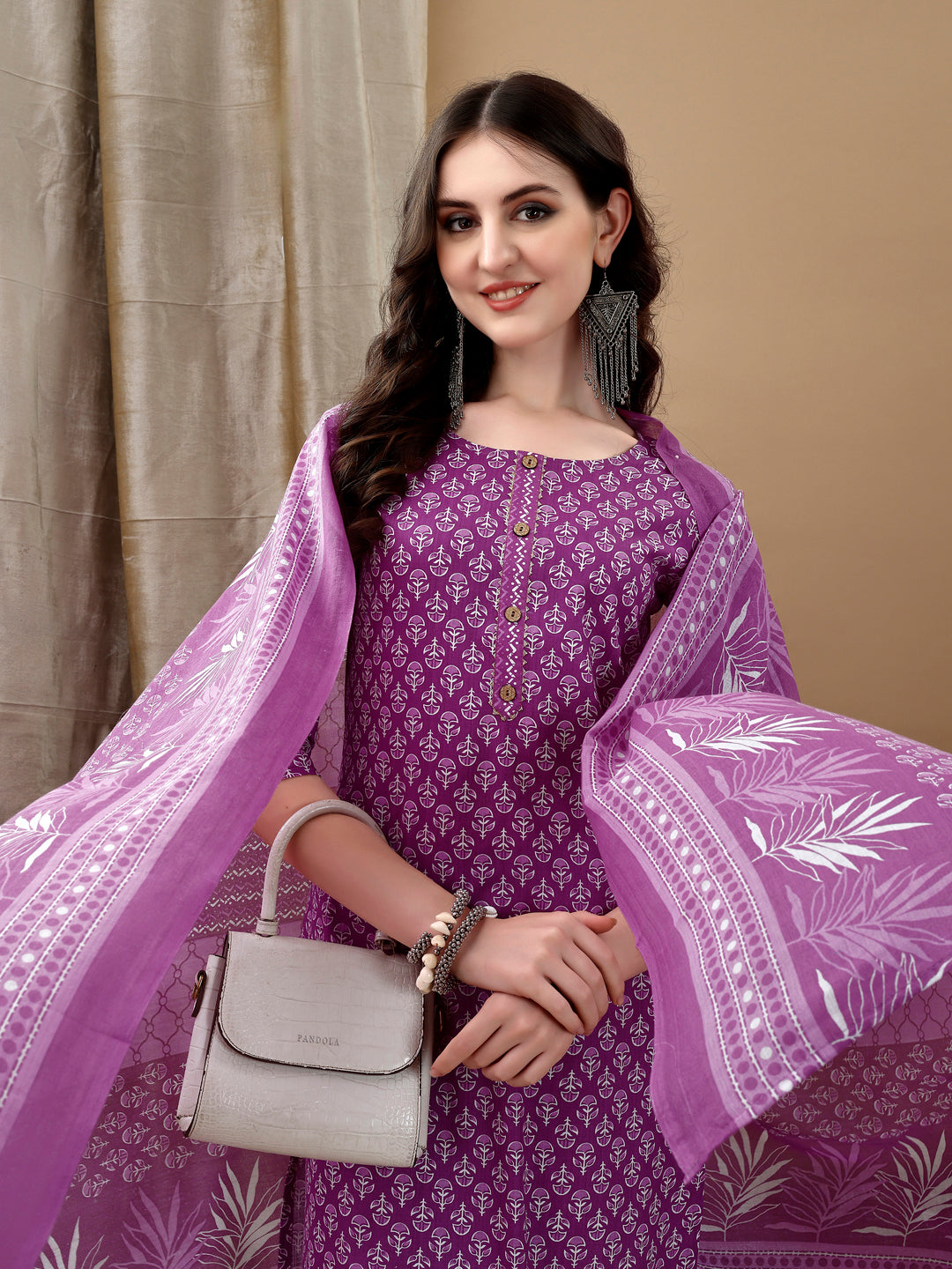 Ethnic Motifs Printed Kurta With Pant & Dupatta, Purple - Hiral Fashion