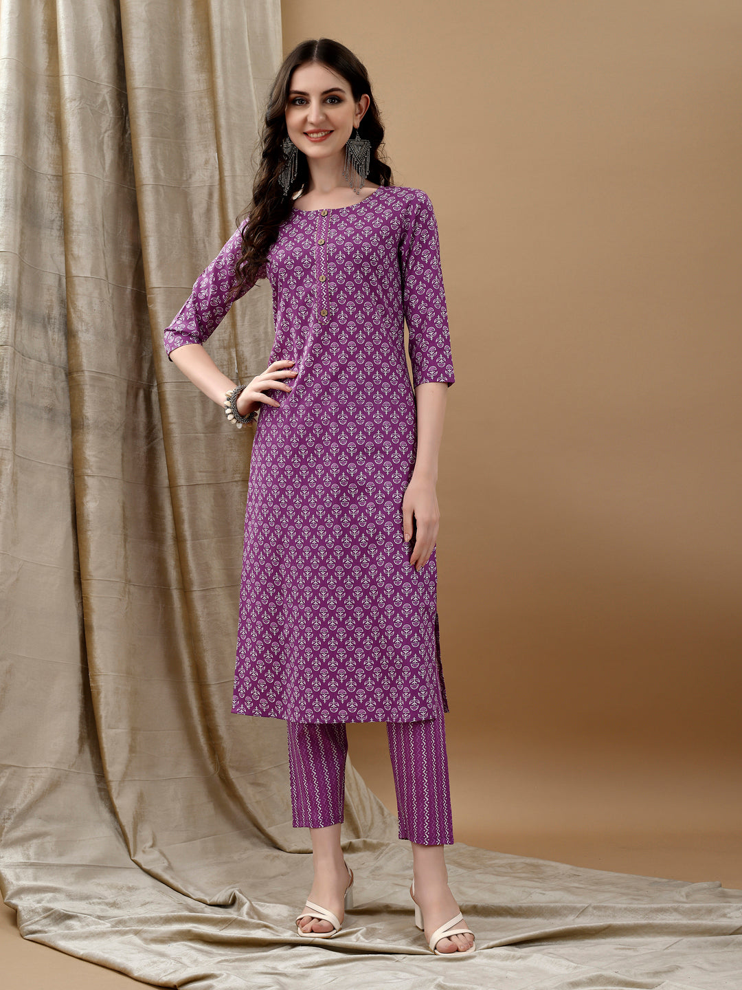 Ethnic Motifs Printed Kurta With Pant & Dupatta, Purple - Hiral Fashion