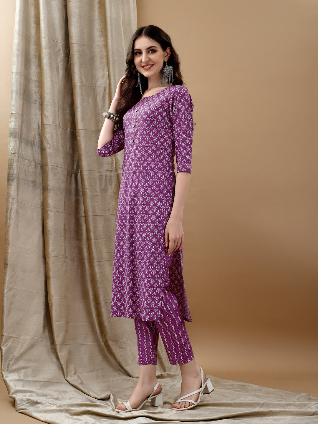 Ethnic Motifs Printed Kurta With Pant & Dupatta, Purple - Hiral Fashion