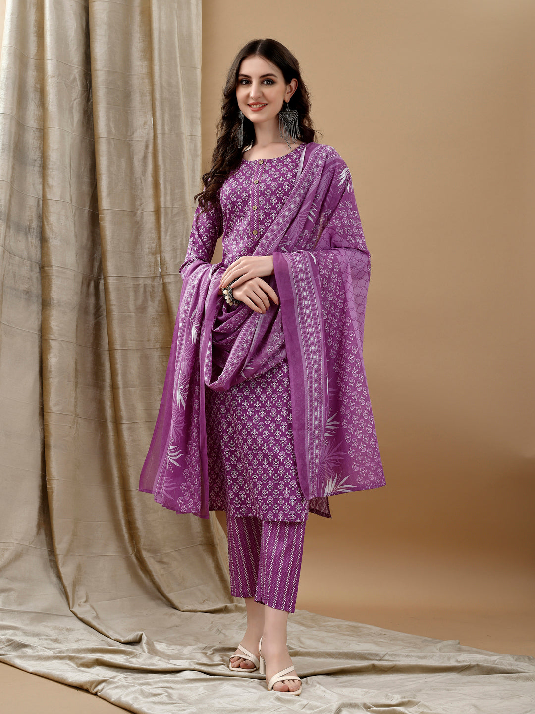 Ethnic Motifs Printed Kurta With Pant & Dupatta, Purple - Hiral Fashion