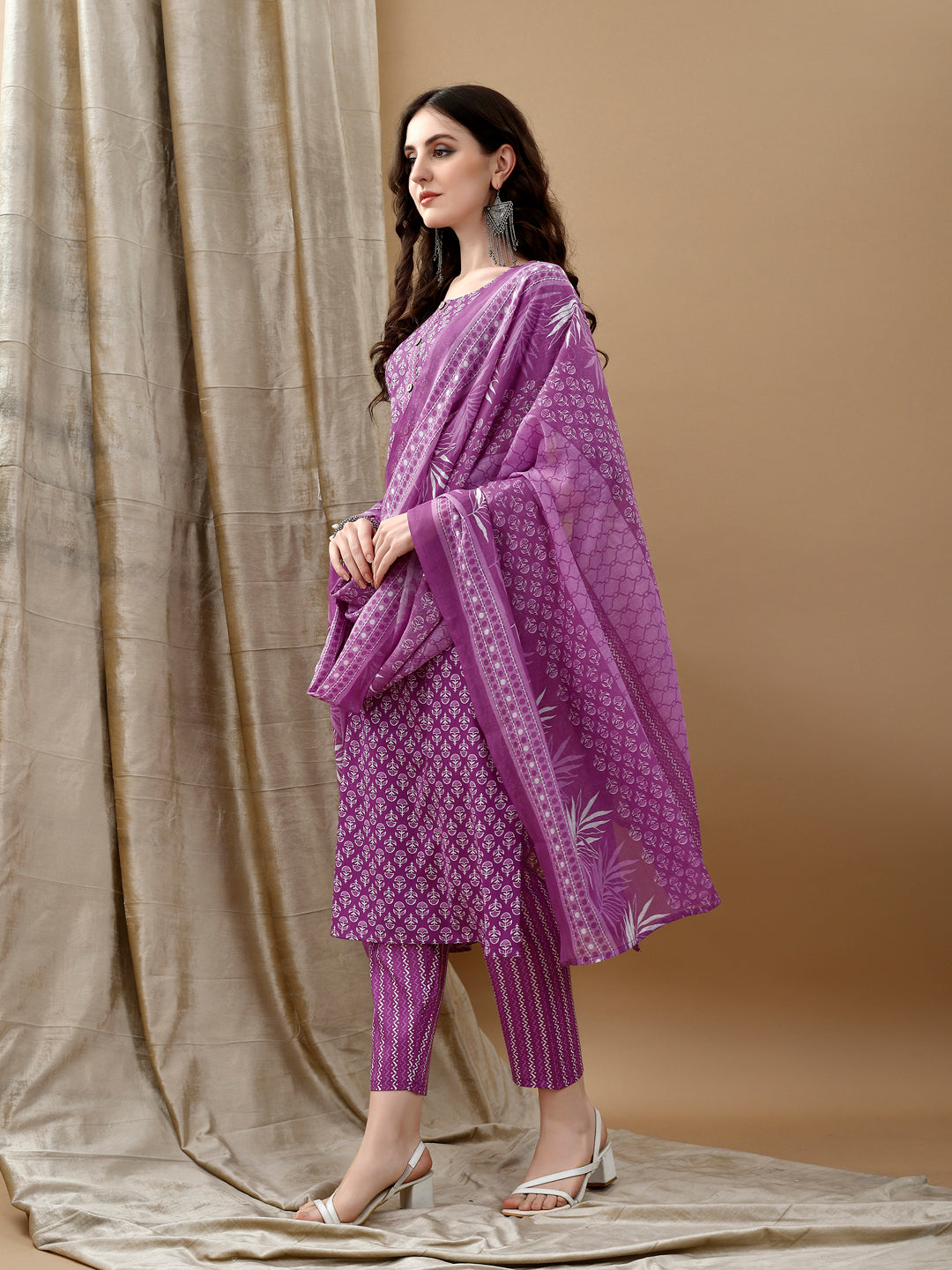 Ethnic Motifs Printed Kurta With Pant & Dupatta, Purple - Hiral Fashion
