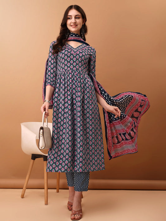 Nyra Cut Ethnic Motifs Printed Kurta With Pant & Dupatta, Blue - Hiral Fashion
