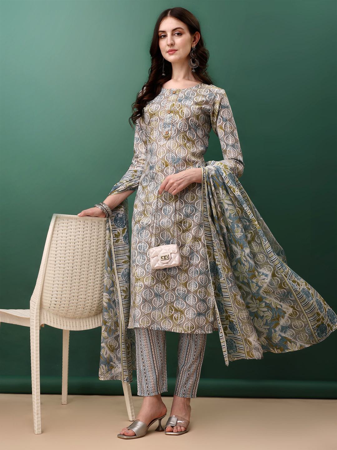 Floral Printed Kurta With Pant & Dupatta, Blue - Hiral Fashion