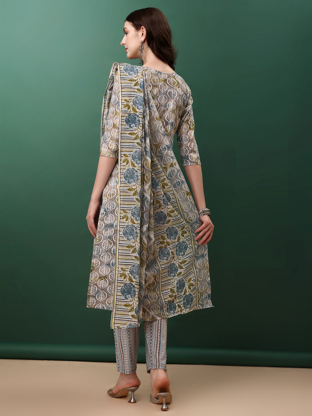 Floral Printed Kurta With Pant & Dupatta, Blue - Hiral Fashion