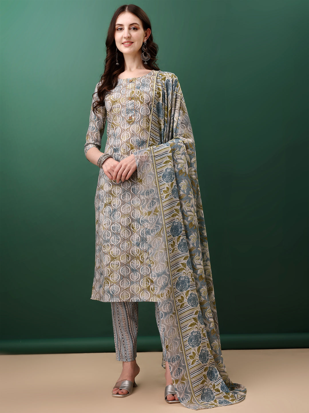 Floral Printed Kurta With Pant & Dupatta, Blue - Hiral Fashion