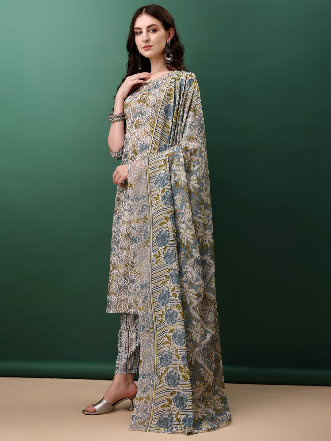 Floral Printed Kurta With Pant & Dupatta, Blue - Hiral Fashion