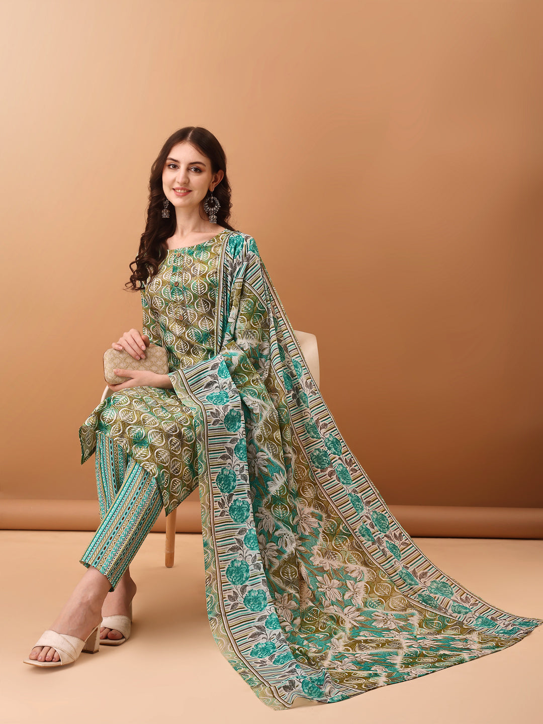 Floral Printed Kurta With Pant & Dupatta, Green - Hiral Fashion