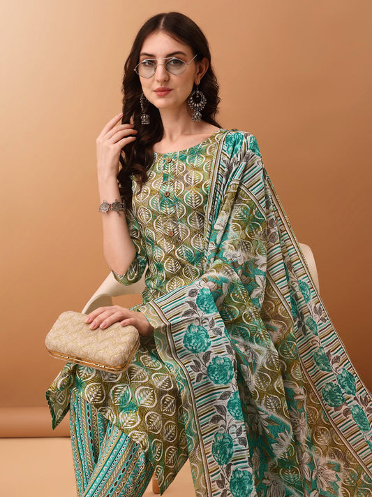 Floral Printed Kurta With Pant & Dupatta, Green - Hiral Fashion