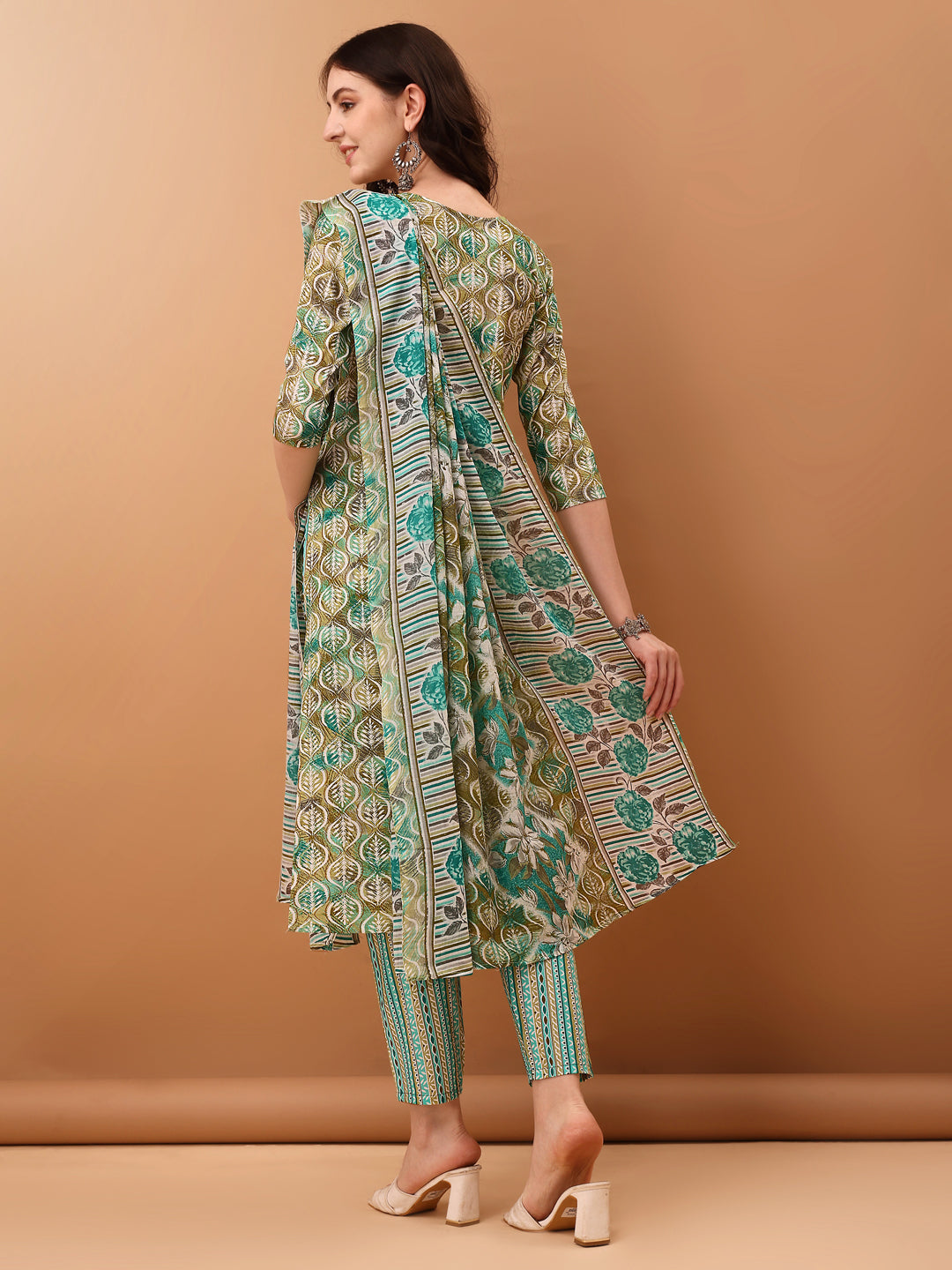 Floral Printed Kurta With Pant & Dupatta, Green - Hiral Fashion
