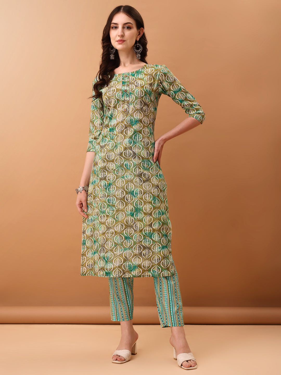 Floral Printed Kurta With Pant & Dupatta, Green - Hiral Fashion