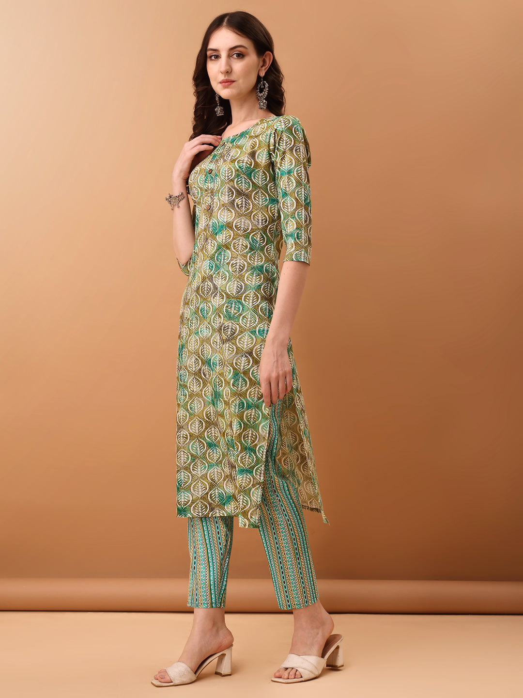 Floral Printed Kurta With Pant & Dupatta, Green - Hiral Fashion