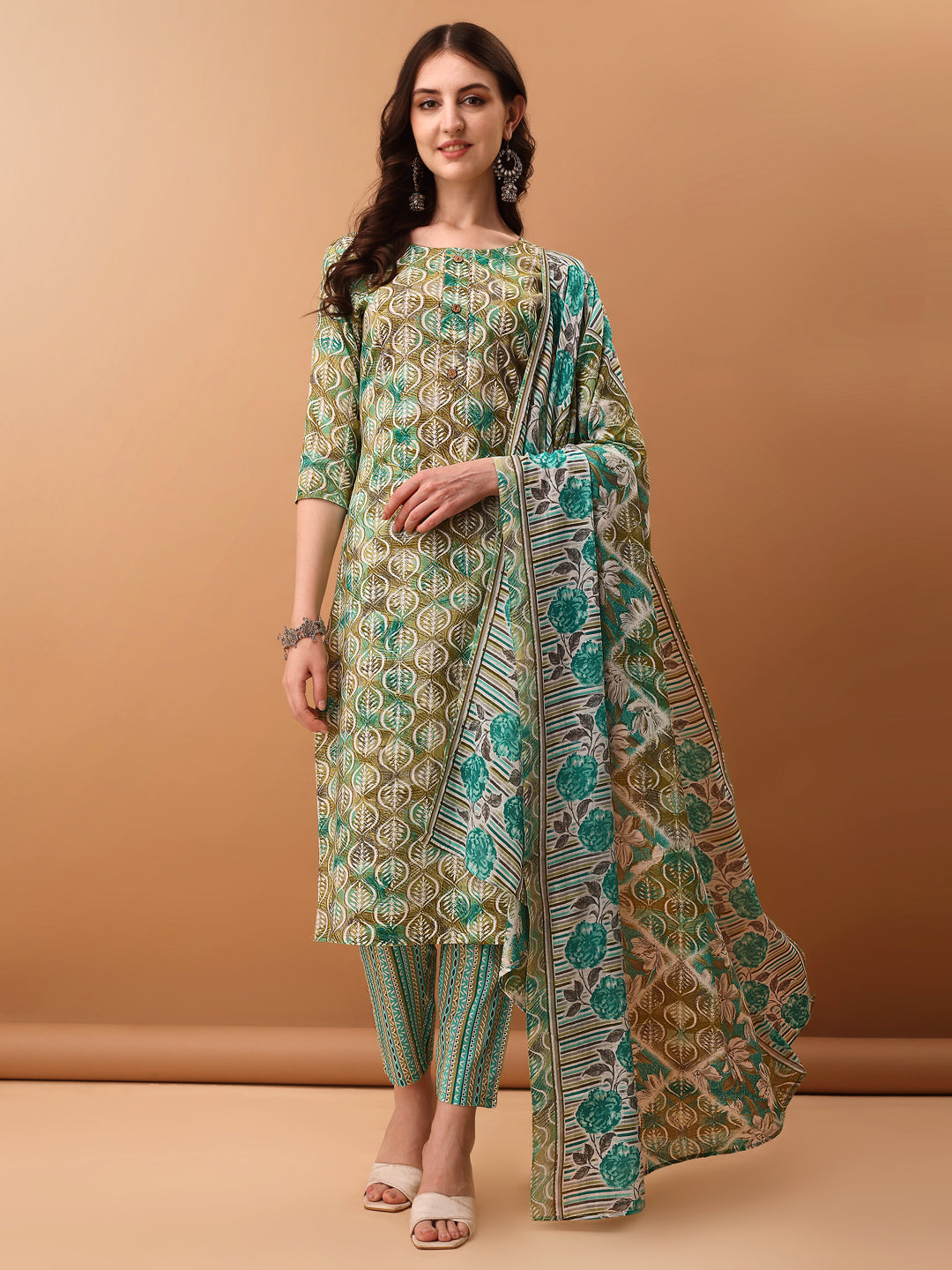 Floral Printed Kurta With Pant & Dupatta, Green - Hiral Fashion