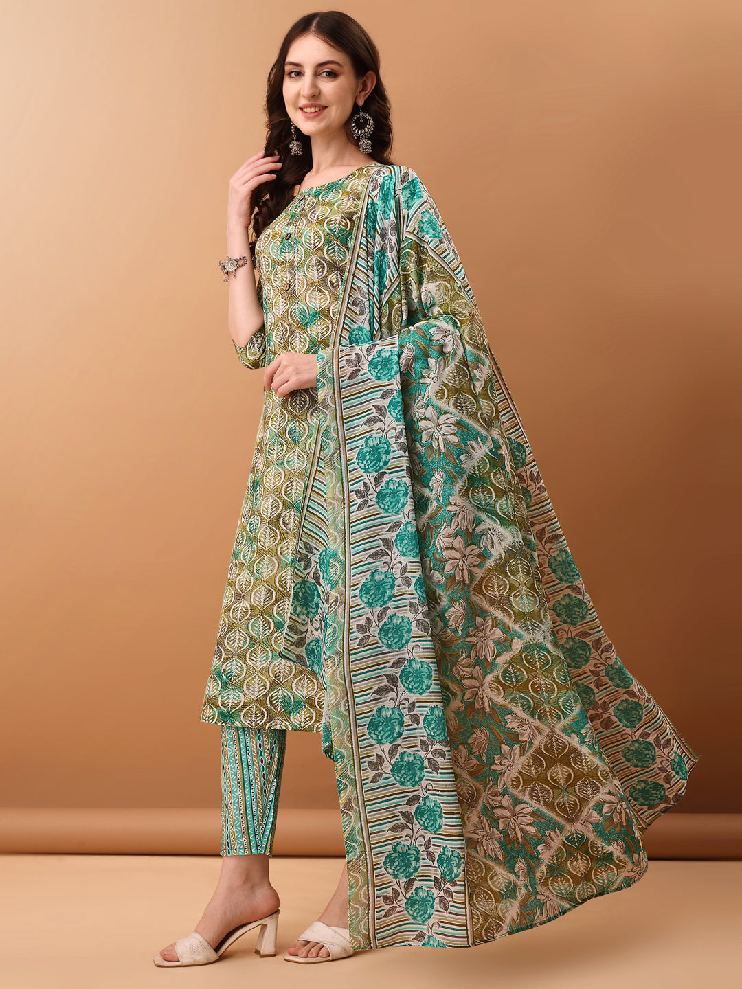 Floral Printed Kurta With Pant & Dupatta, Green - Hiral Fashion