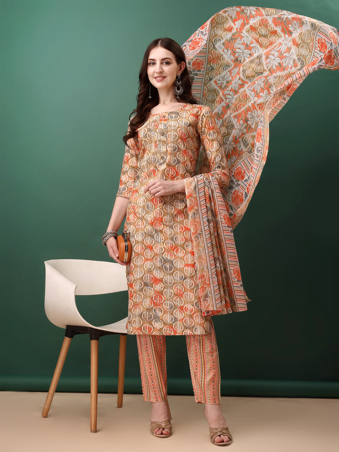Floral Printed Kurta With Pant & Dupatta, Orange - Hiral Fashion