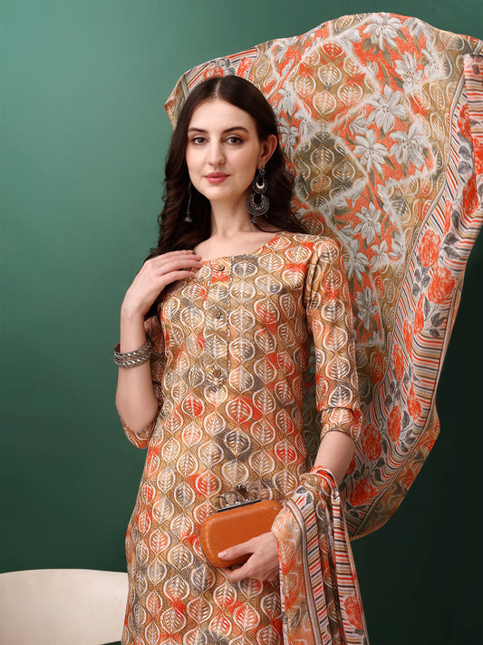 Floral Printed Kurta With Pant & Dupatta, Orange - Hiral Fashion