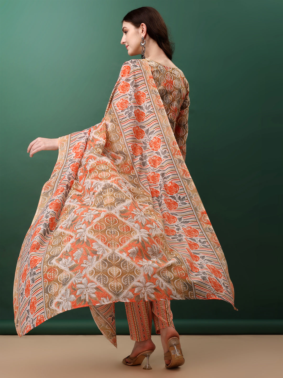 Floral Printed Kurta With Pant & Dupatta, Orange - Hiral Fashion