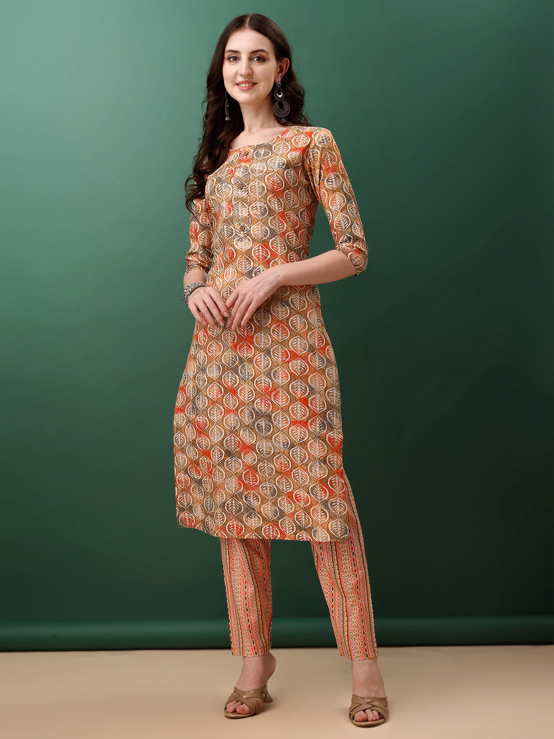 Floral Printed Kurta With Pant & Dupatta, Orange - Hiral Fashion