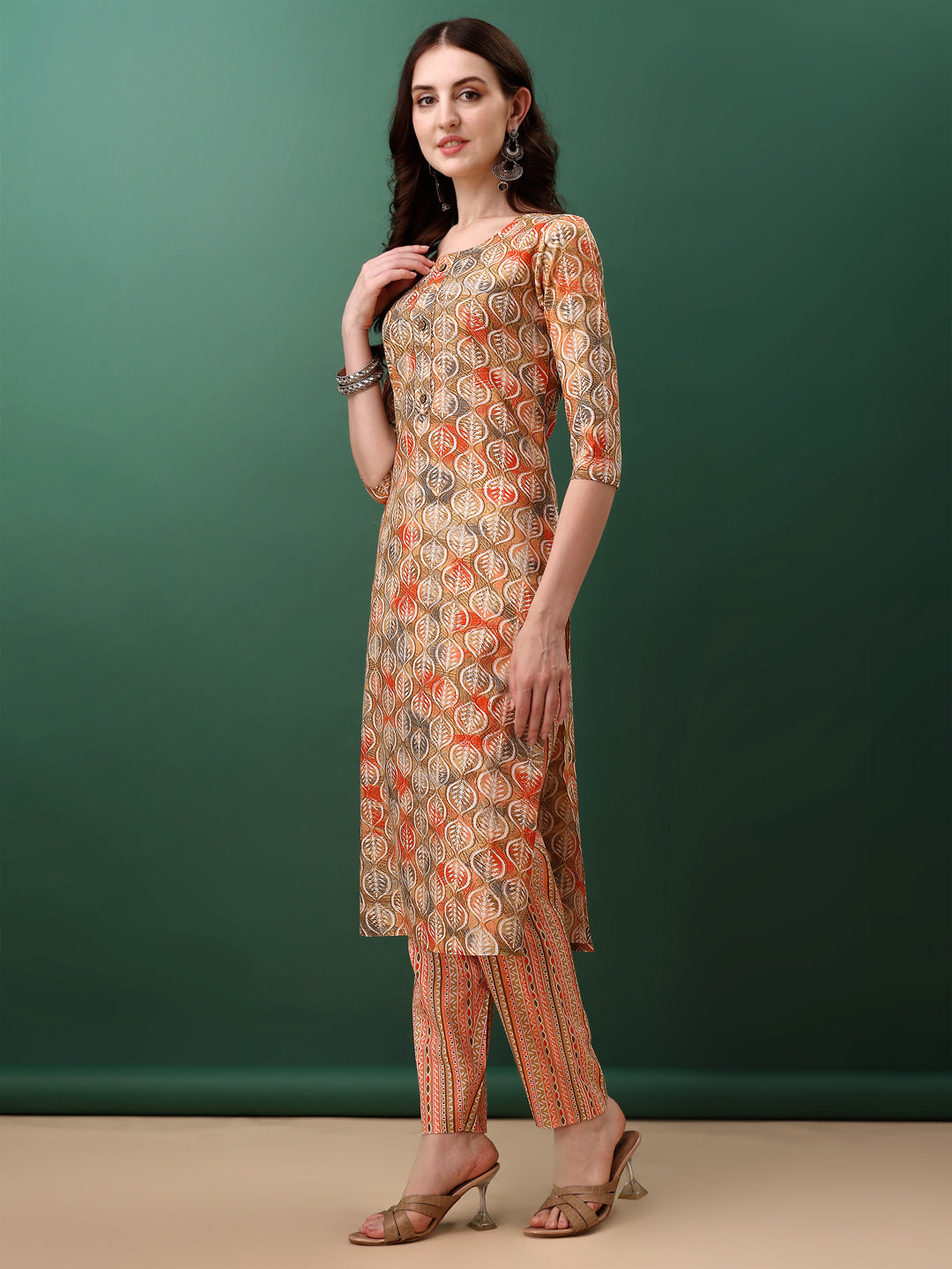 Floral Printed Kurta With Pant & Dupatta, Orange - Hiral Fashion
