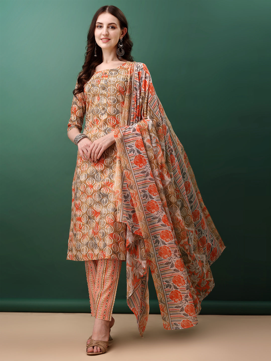 Floral Printed Kurta With Pant & Dupatta, Orange - Hiral Fashion