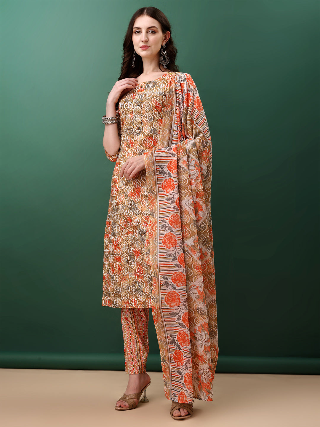 Floral Printed Kurta With Pant & Dupatta, Orange - Hiral Fashion
