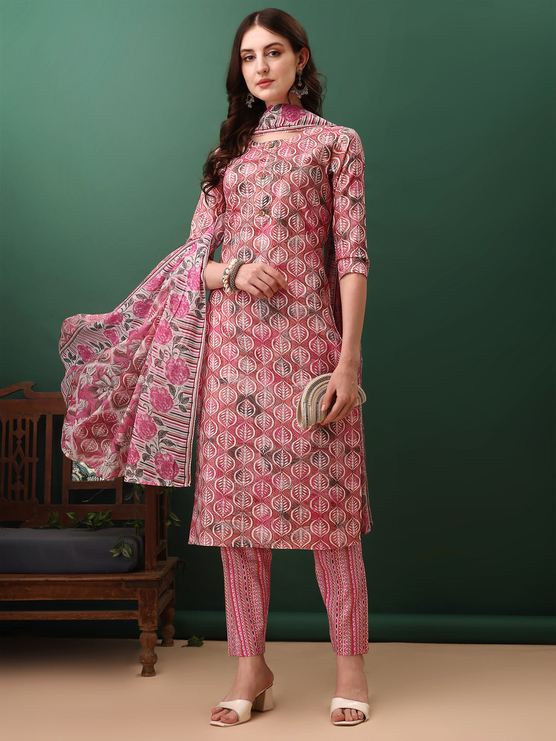 Floral Printed Kurta With Pant & Dupatta, Pink - Hiral Fashion