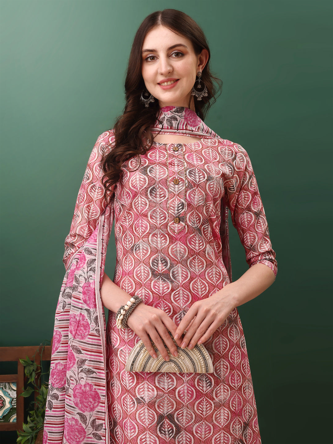 Floral Printed Kurta With Pant & Dupatta, Pink - Hiral Fashion