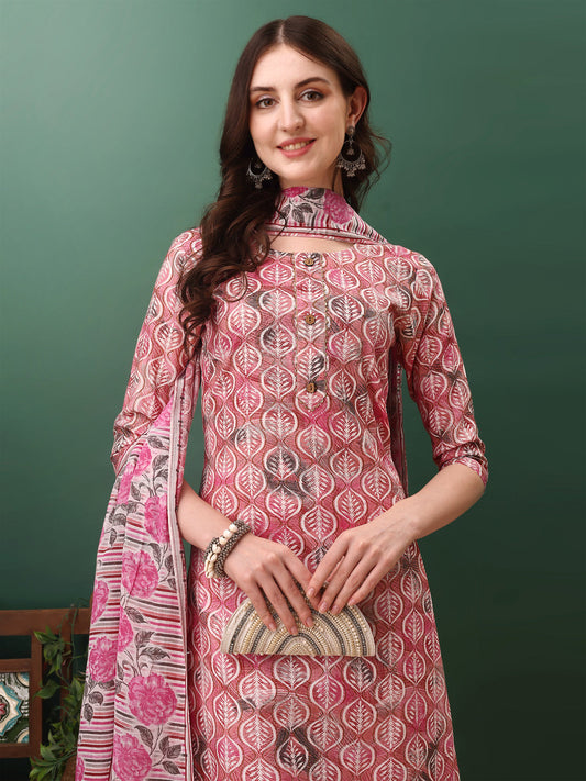 Floral Printed Kurta With Pant & Dupatta, Pink - Hiral Fashion