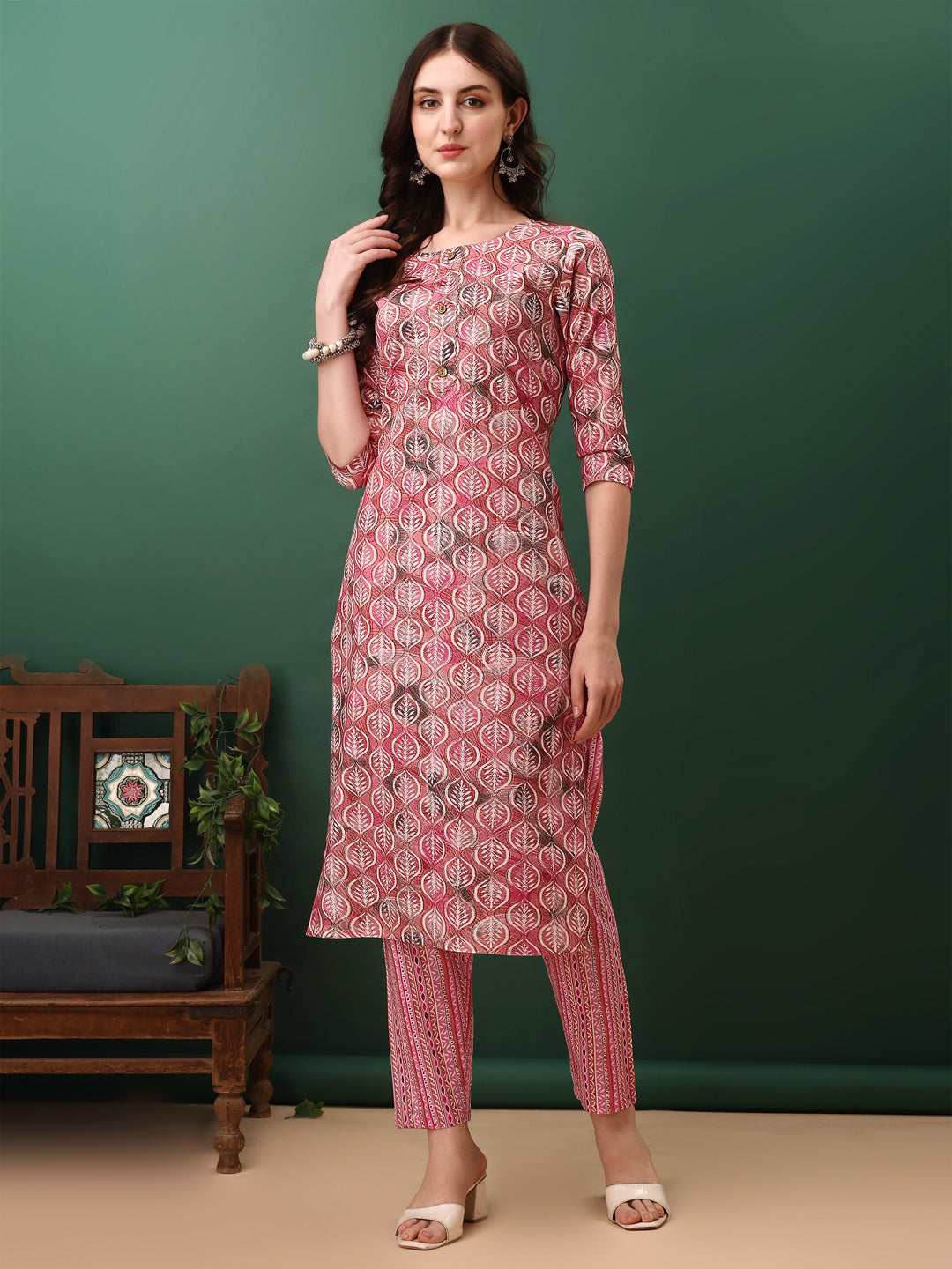 Floral Printed Kurta With Pant & Dupatta, Pink - Hiral Fashion
