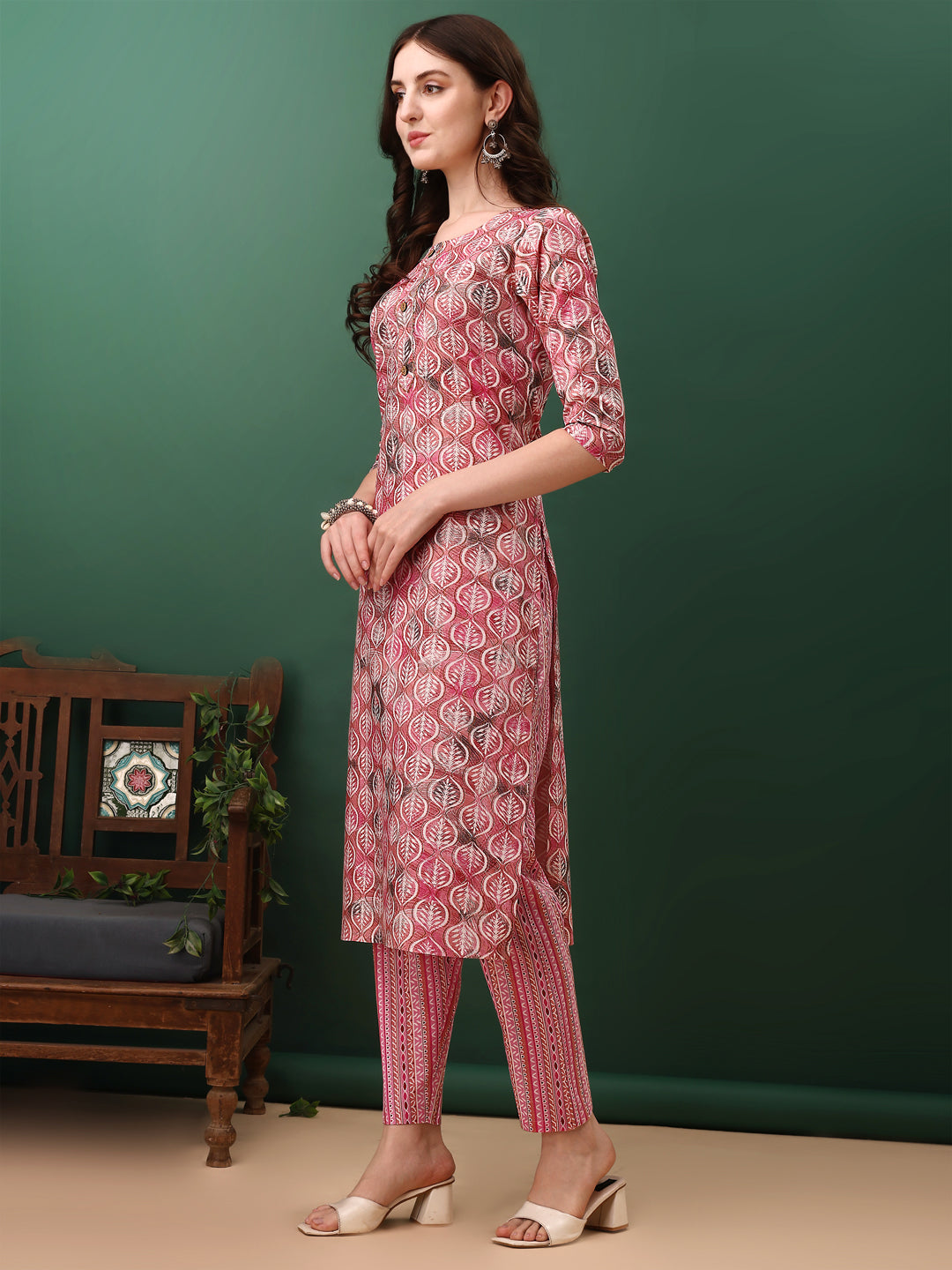 Floral Printed Kurta With Pant & Dupatta, Pink - Hiral Fashion