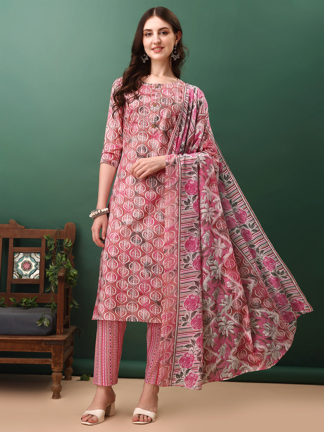 Floral Printed Kurta With Pant & Dupatta, Pink - Hiral Fashion