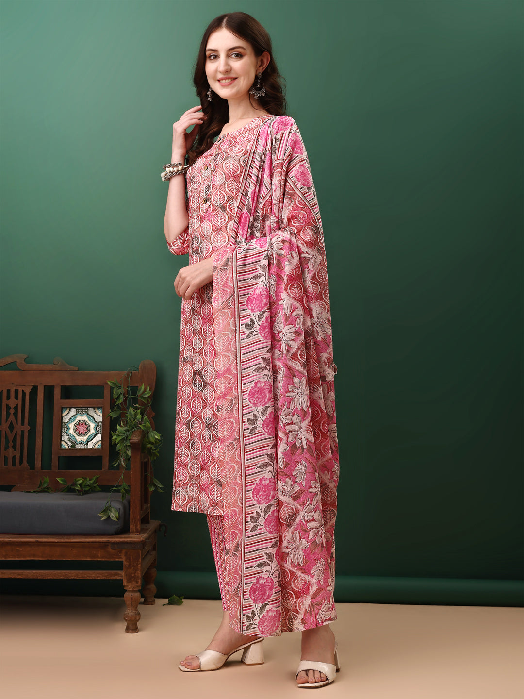 Floral Printed Kurta With Pant & Dupatta, Pink - Hiral Fashion