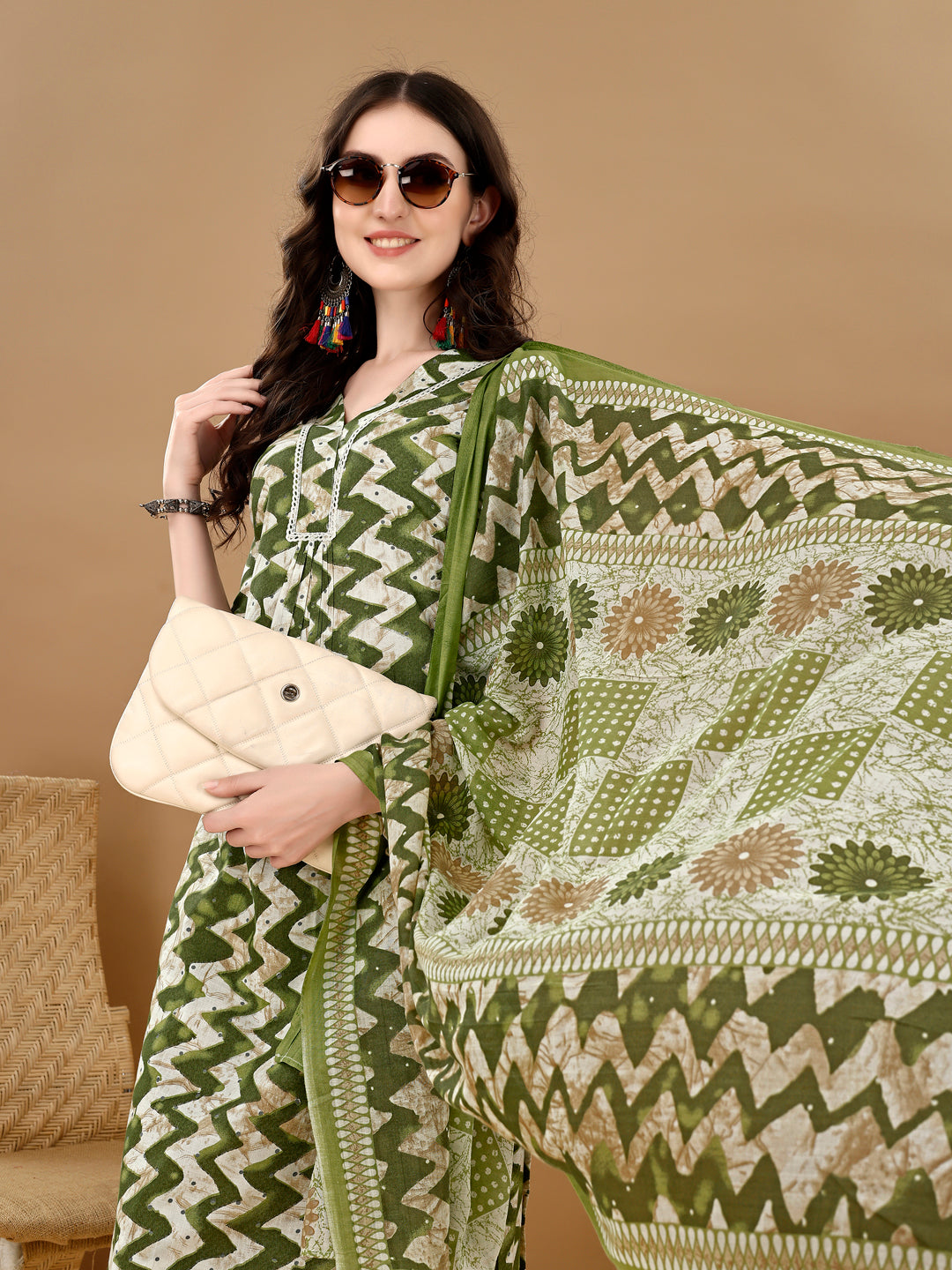 Chevron Printed Kurta With Palazzo Pant & Dupatta, Green - Hiral Fashion