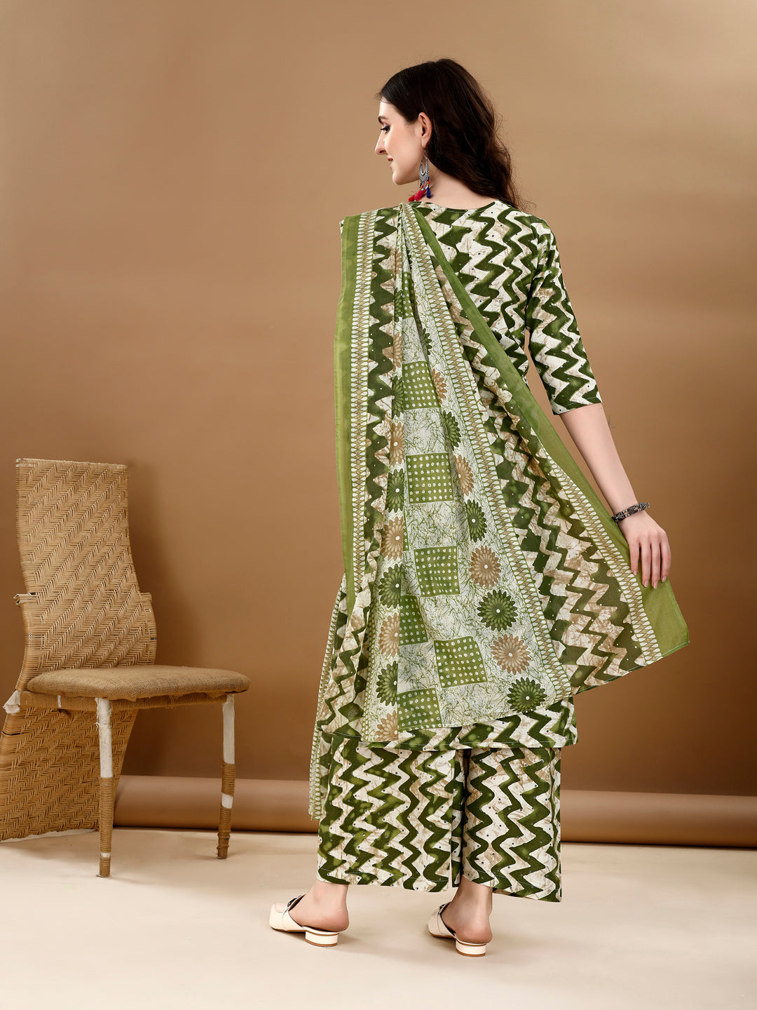Chevron Printed Kurta With Palazzo Pant & Dupatta, Green - Hiral Fashion