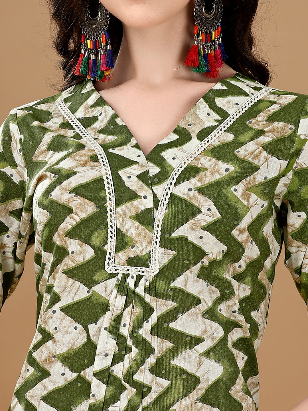 Chevron Printed Kurta With Palazzo Pant & Dupatta, Green - Hiral Fashion