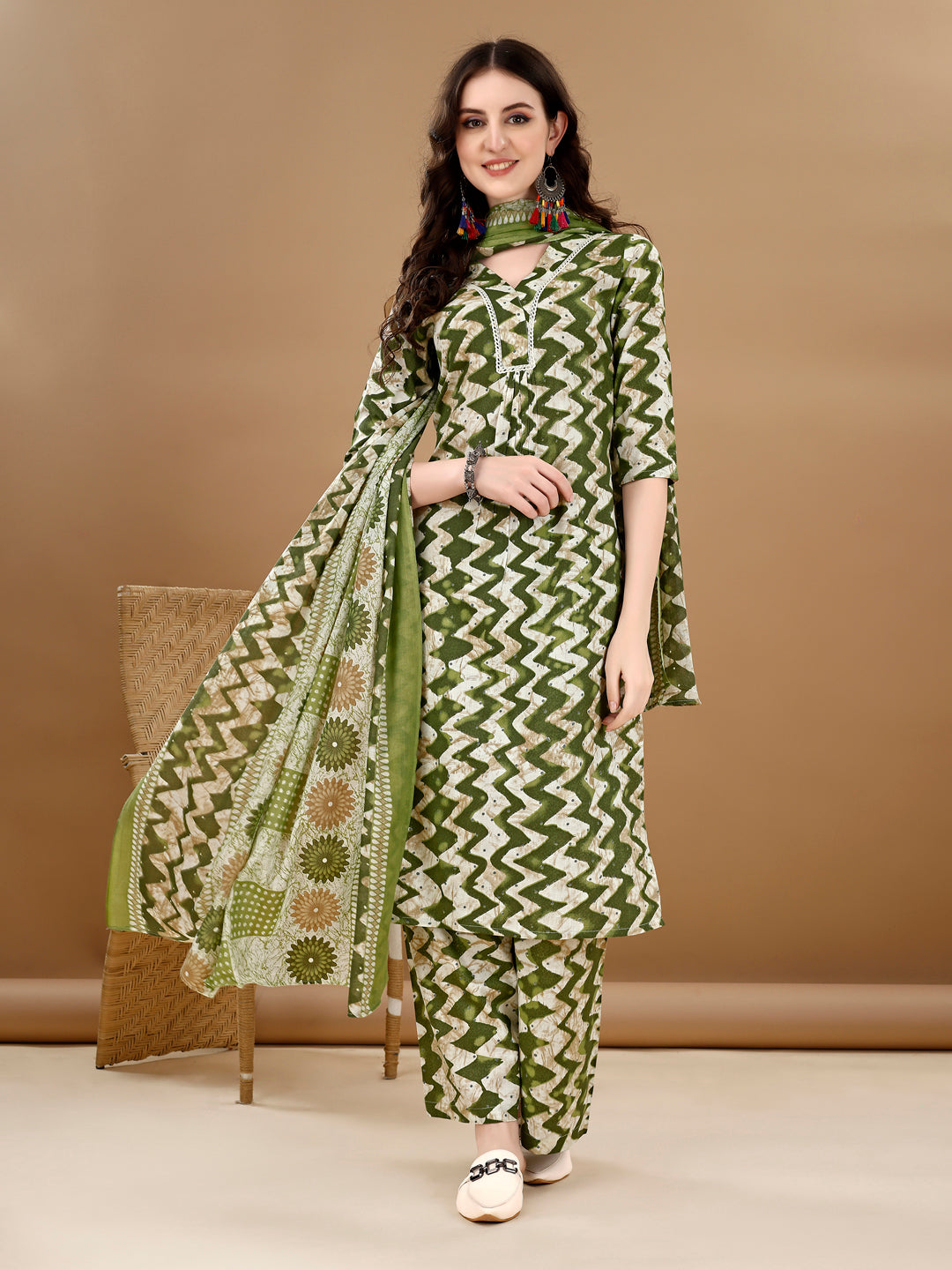 Chevron Printed Kurta With Palazzo Pant & Dupatta, Green - Hiral Fashion