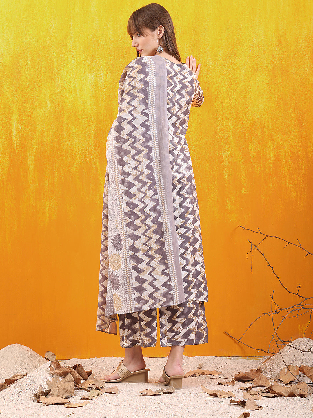 Chevron Printed Kurta With Palazzo Pant & Dupatta, Grey - Hiral Fashion