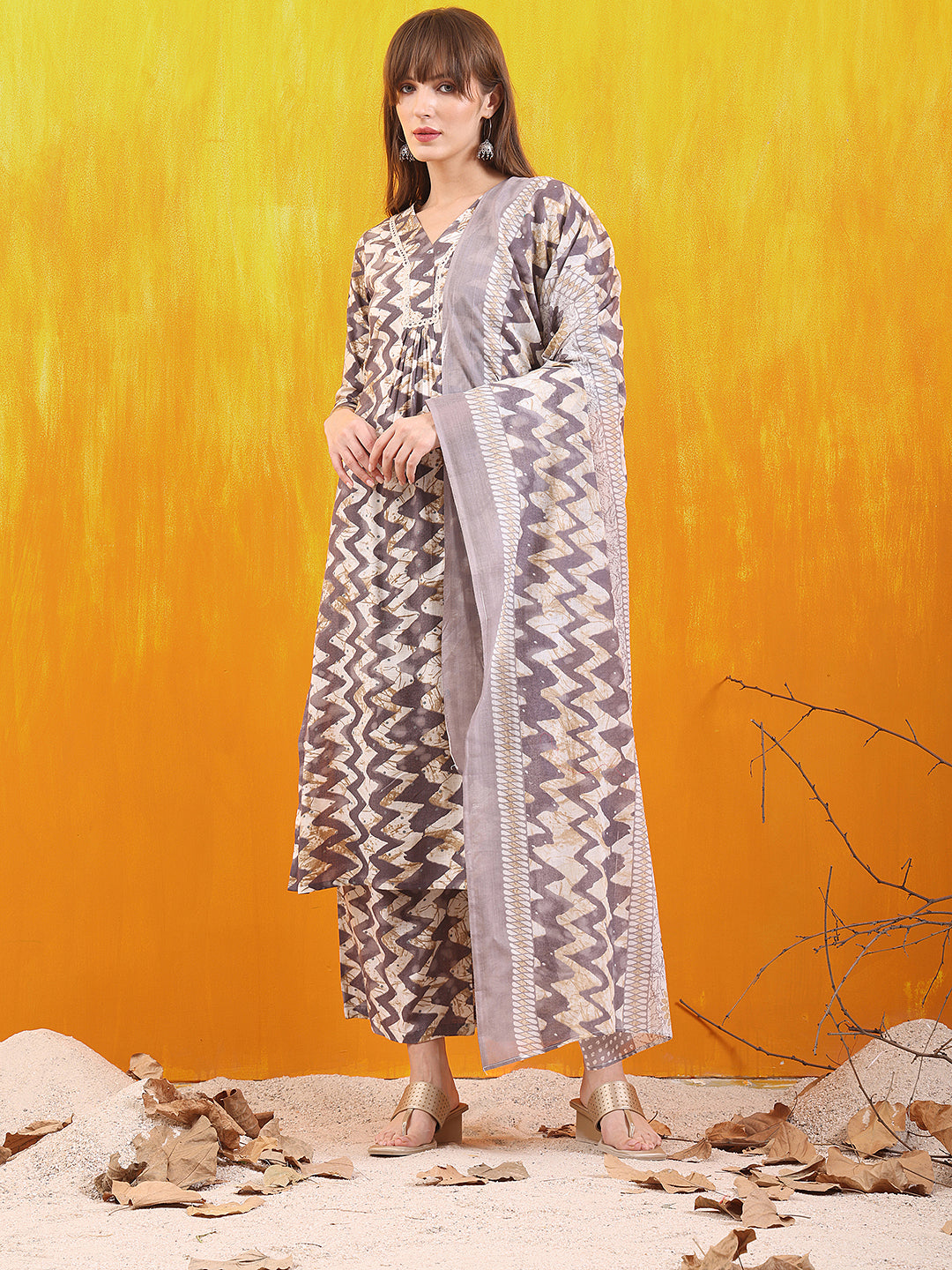 Chevron Printed Kurta With Palazzo Pant & Dupatta, Grey - Hiral Fashion