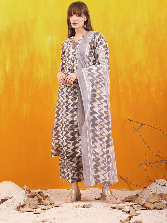 Chevron Printed Kurta With Palazzo Pant & Dupatta, Grey - Hiral Fashion