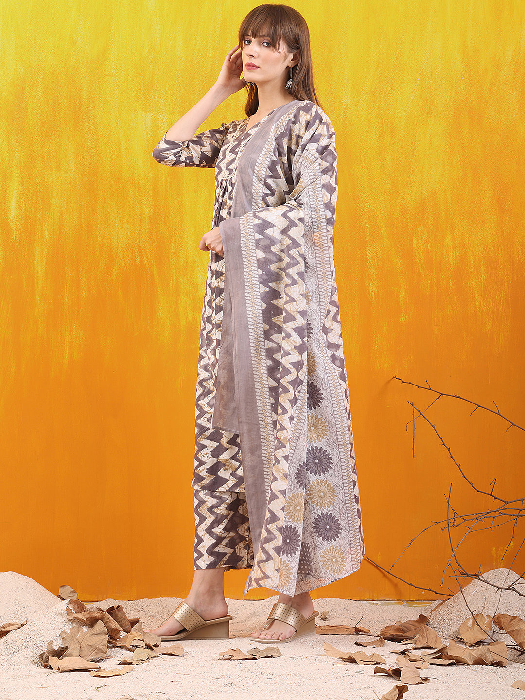 Chevron Printed Kurta With Palazzo Pant & Dupatta, Grey - Hiral Fashion
