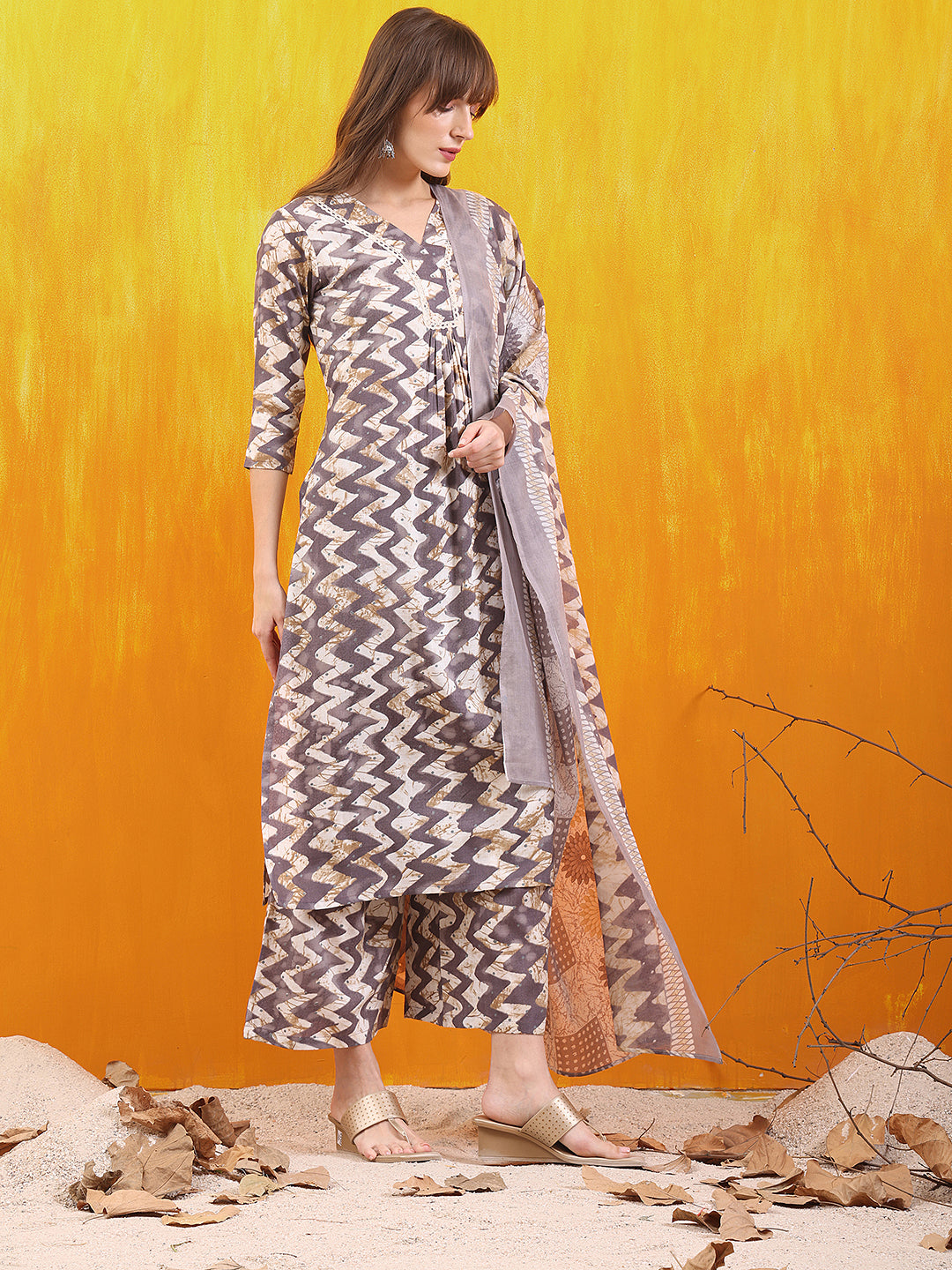 Chevron Printed Kurta With Palazzo Pant & Dupatta, Grey - Hiral Fashion