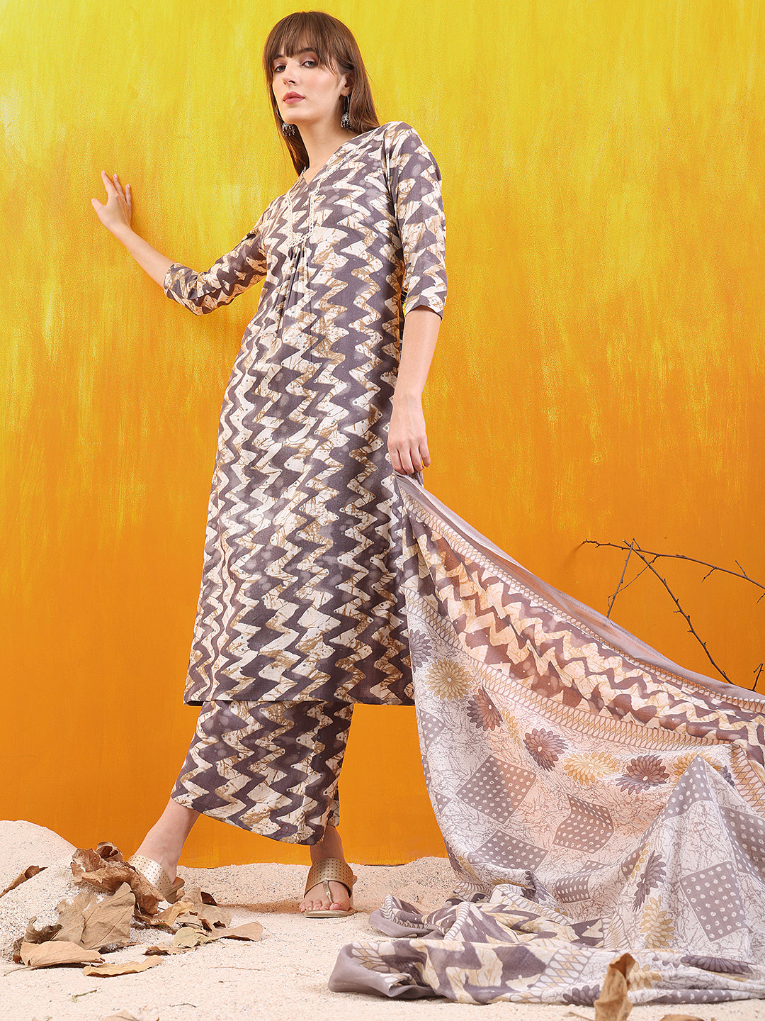 Chevron Printed Kurta With Palazzo Pant & Dupatta, Grey - Hiral Fashion