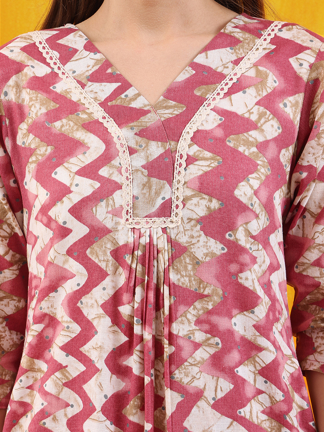 Chevron Printed Kurta With Palazzo Pant & Dupatta, Pink - Hiral Fashion